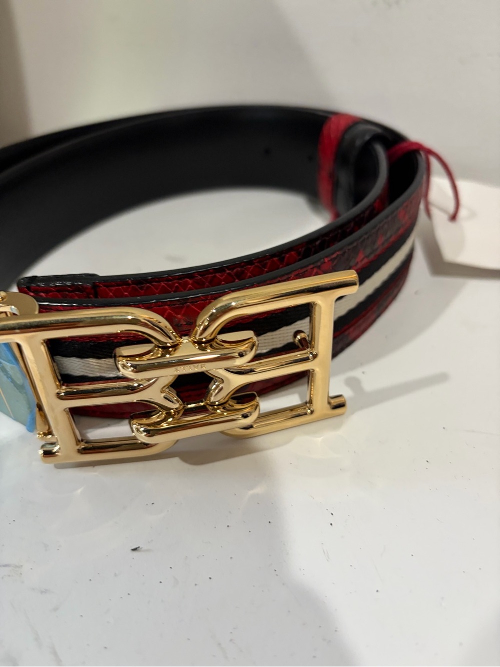 Bally Red Striped Leather Belt with Gold Logo Buckle - Picture 4 of 12